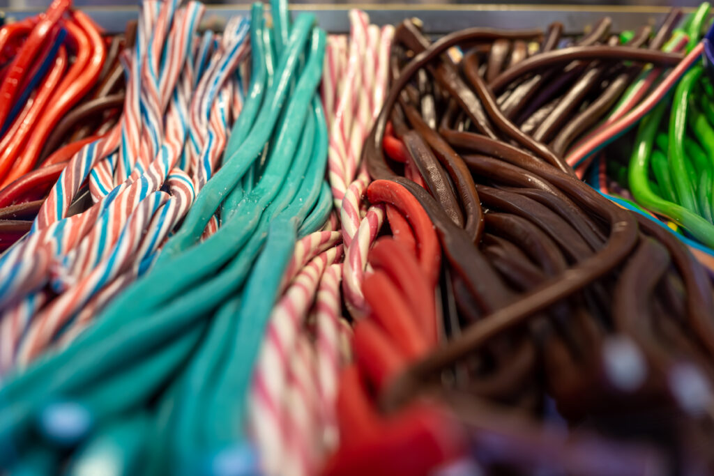 Electrical&electronics close up, jelly sweets on a shop window.