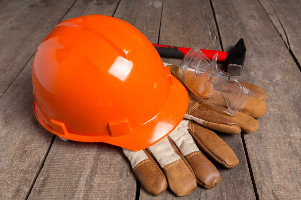 Products work protection concept on wooden table. top view