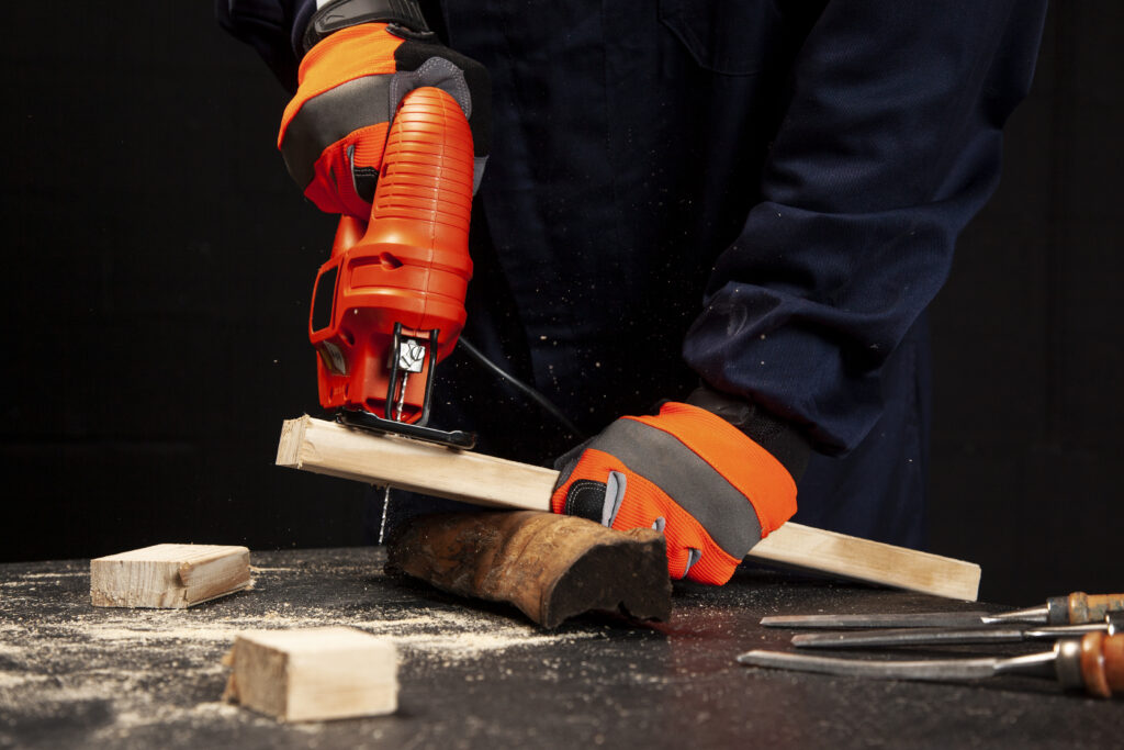 Products worker wearing gloves front view